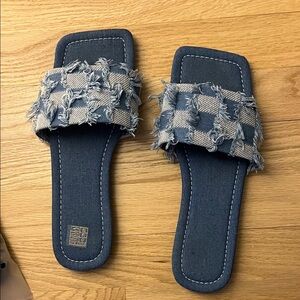 Blue and White Frayed Checkered Slide Sandals